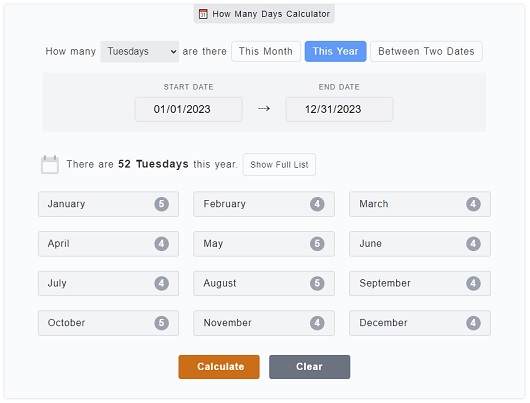 How Many Days Calculator - Monday to Sunday