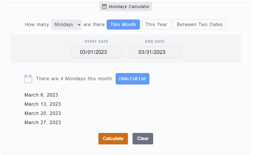 Mondays Calculator How Many Mondays
