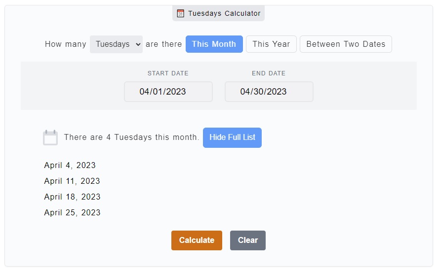 Tuesdays Calculator - How Many Tuesdays